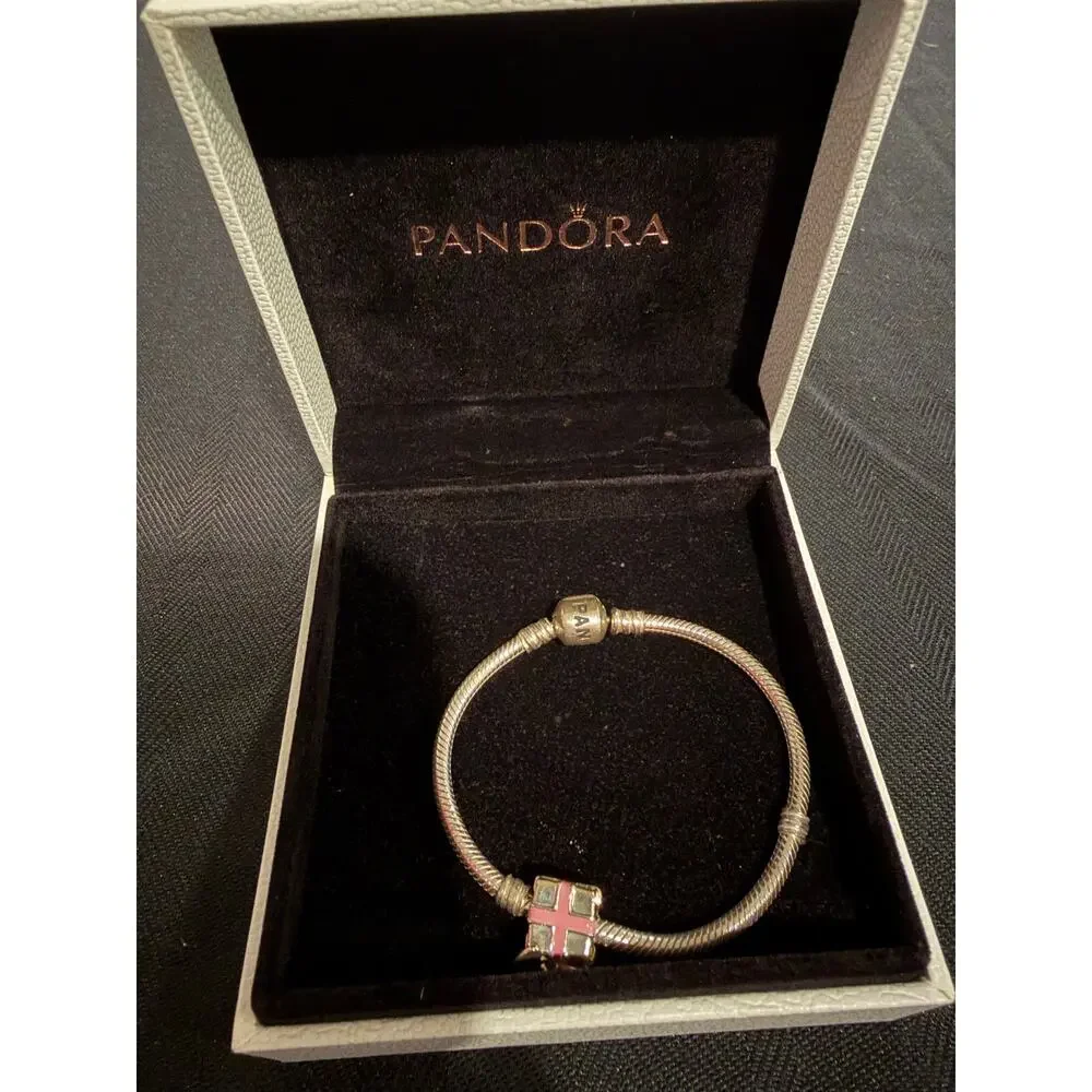 Pandora Sterling Silver Pink Enamel Present Gift Charm Bracelet + Box